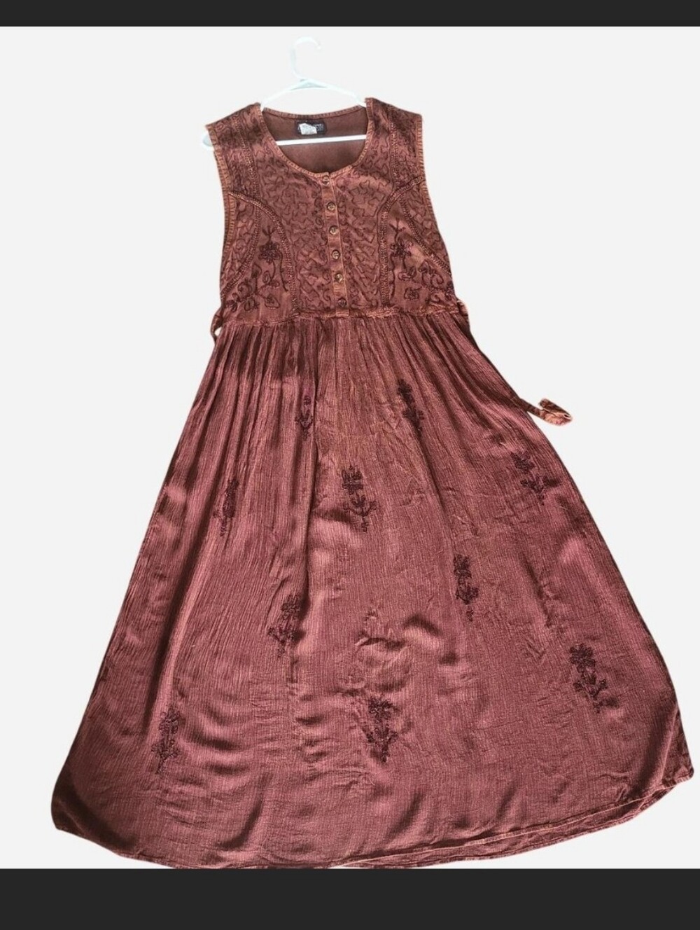 Vintage 90s Zoey & Beth brown rayon dress, rich brown with floral embroidery